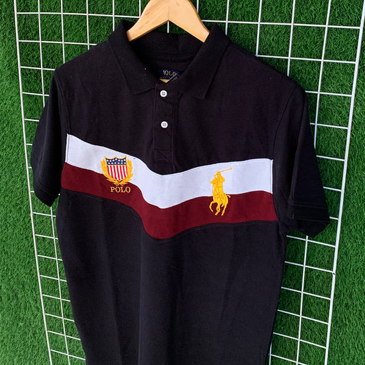 Tri-color Embroidered Black Polo Shirt