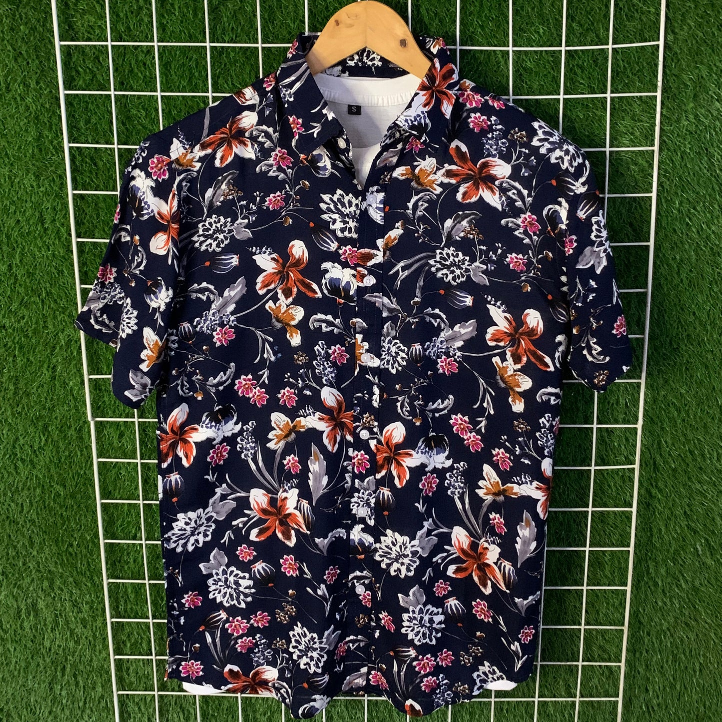 Blue & Orange Floral Printed Shirt - MS049