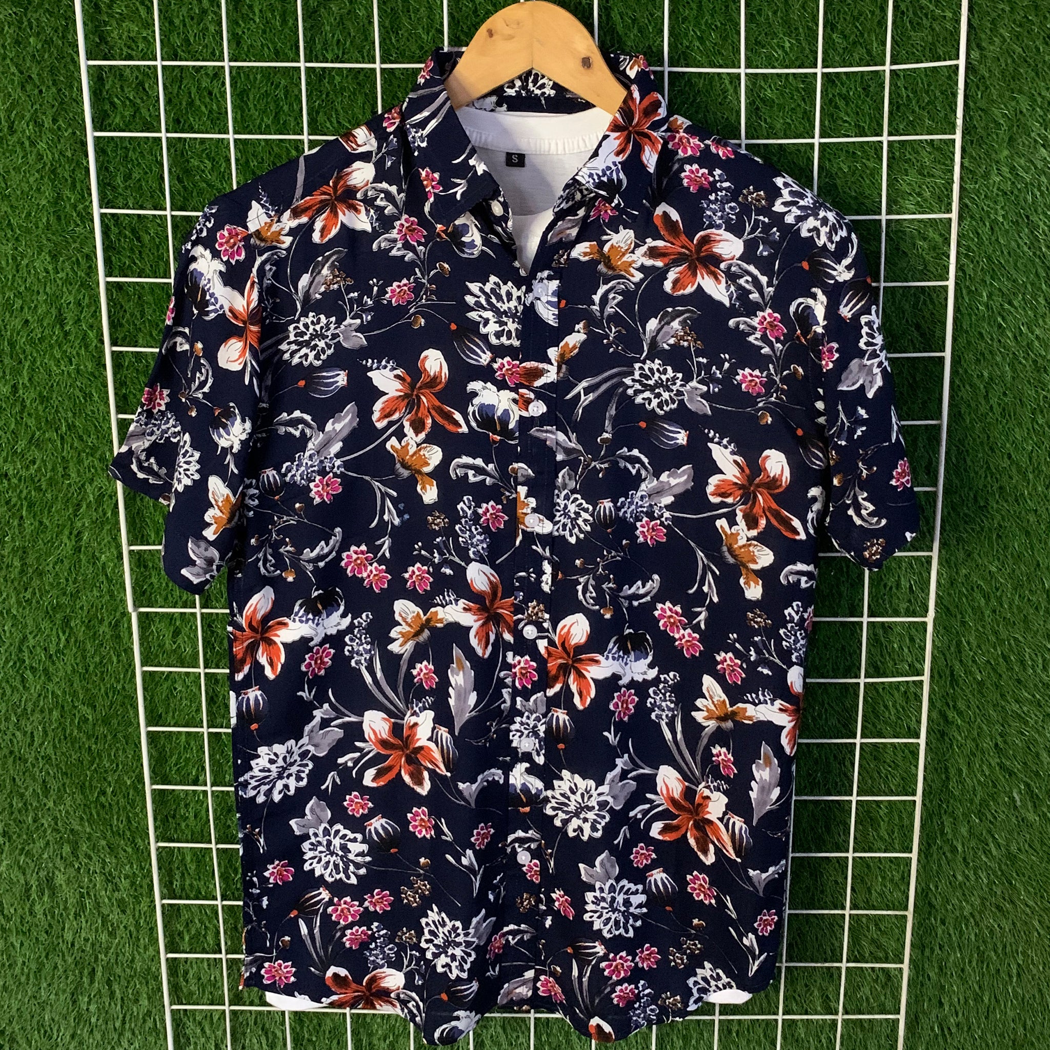 Blue & Orange Floral Printed Shirt - MS049