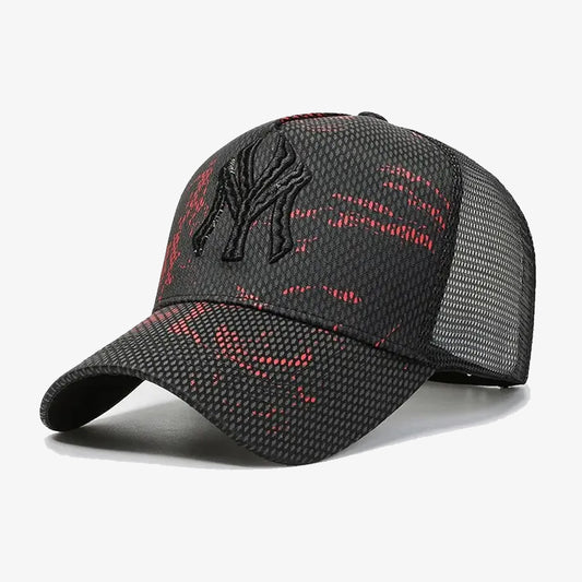 Black & Red Camo NY Embroidered Mesh Cap - CP059
