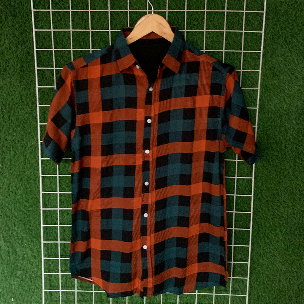 Teal & Orange Checked Printed Shirt - MS068