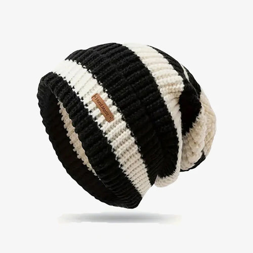 Black & Beige Striped Knit Beanie - CP092