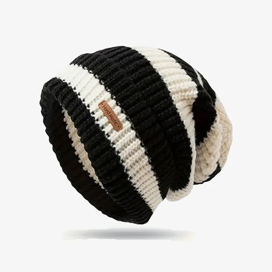 Black & Beige Striped Knit Beanie - CP092