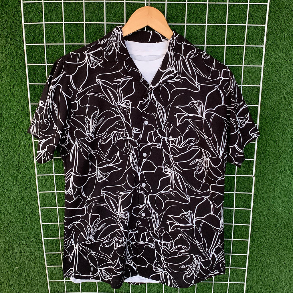 White Floral Black Hawaiian Shirt - MS087