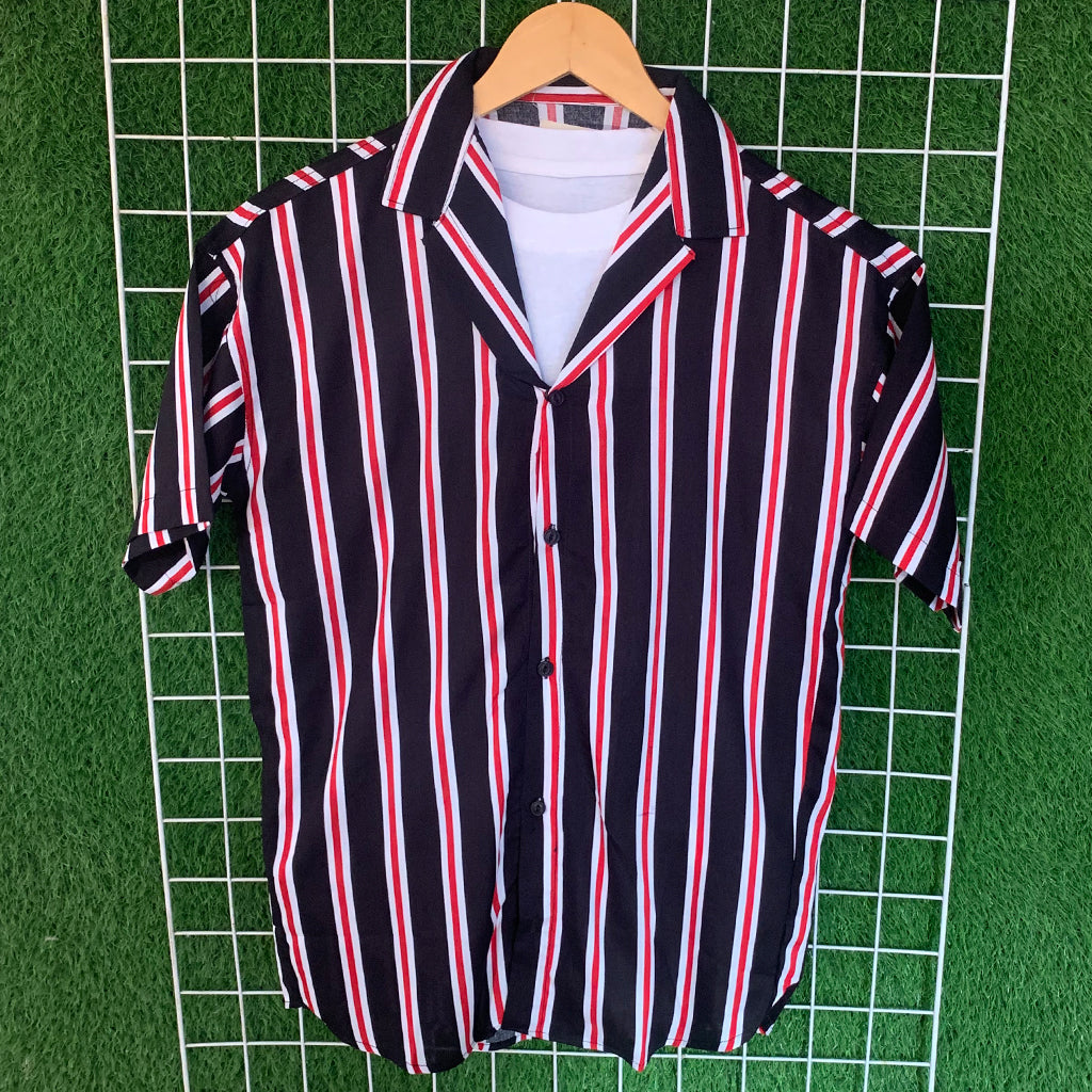 Tri-Color Black & Red Striped Coat Collar Shirt - MS077