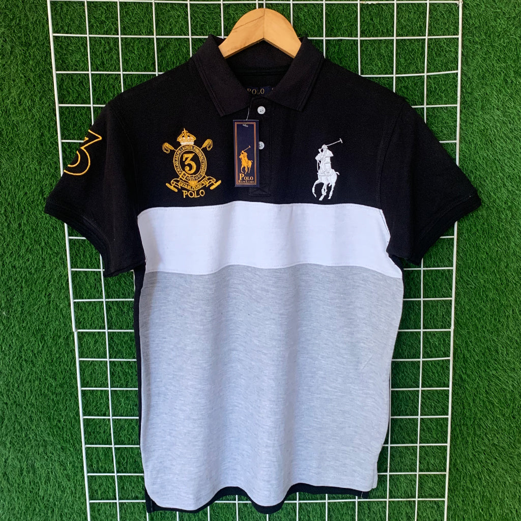 Black & Grey Tri-Color Embroidered Polo Shirt