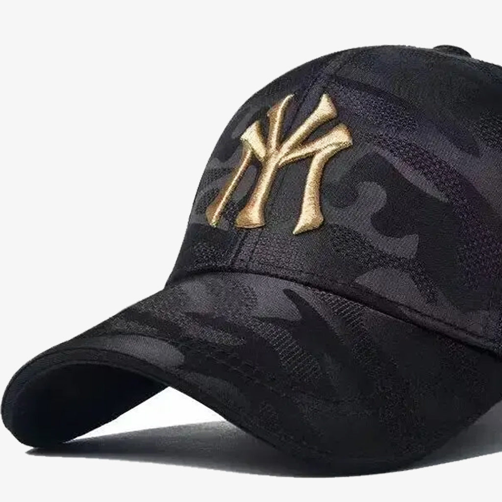NY Golden Embroidered Black Camo Cap - CP036