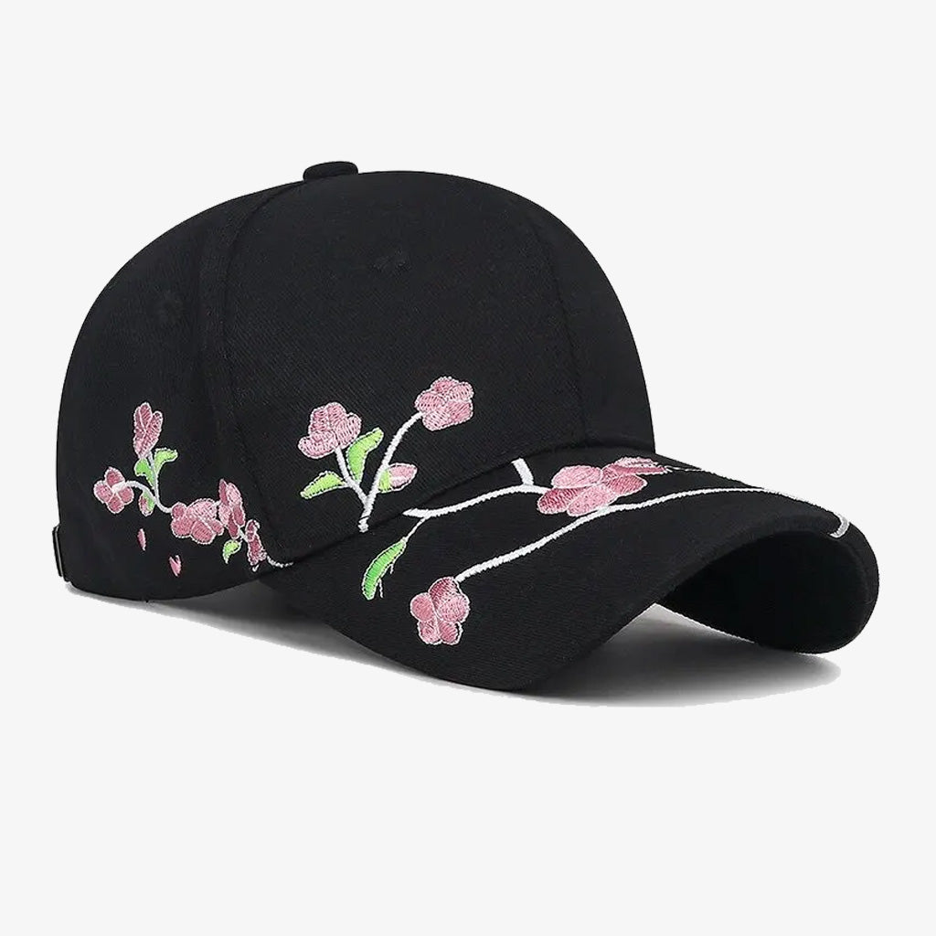 Floral Embroidered Black Baseball Cap - CP024