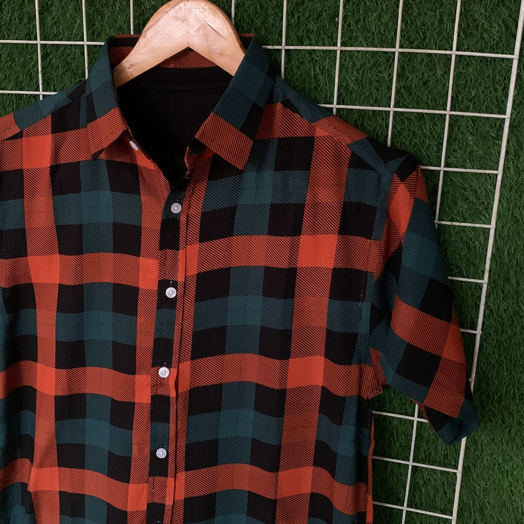 Teal & Orange Checked Printed Shirt - MS068