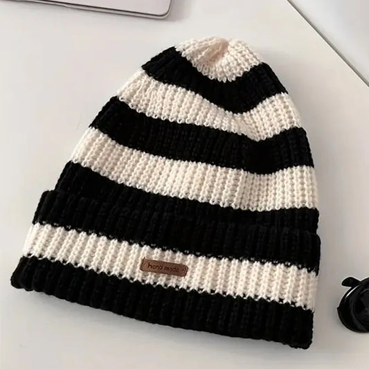 Black & Beige Striped Knit Beanie - CP092