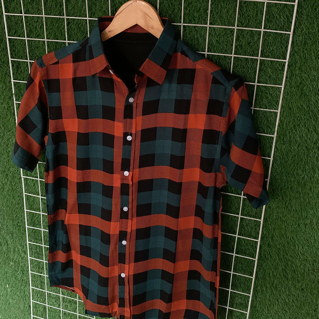 Teal & Orange Checked Printed Shirt - MS068