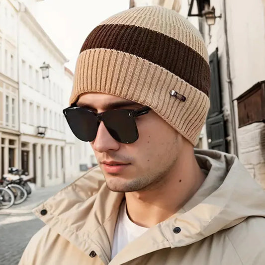 Beige Contrast Knit Beanie - CP115