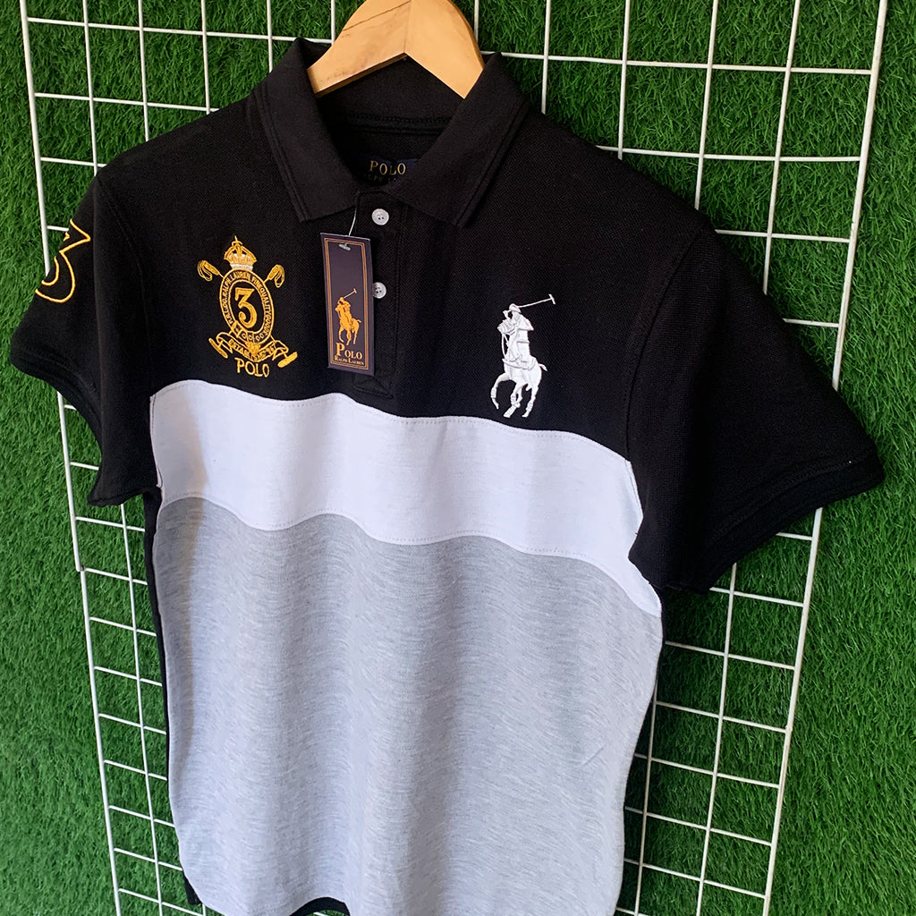 Black & Grey Tri-Color Embroidered Polo Shirt