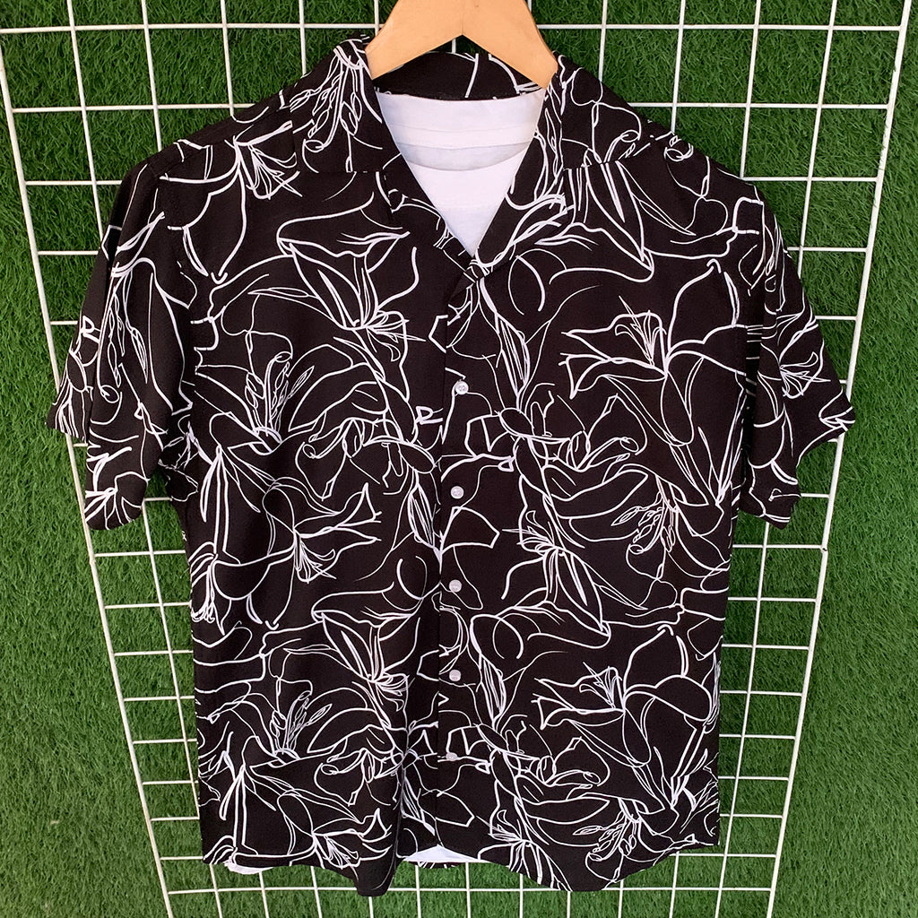 White Floral Black Hawaiian Shirt - MS087