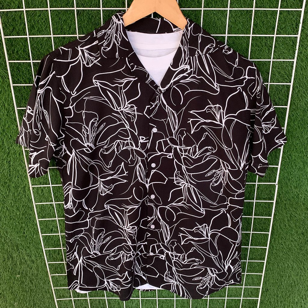 White Floral Black Hawaiian Shirt - MS087