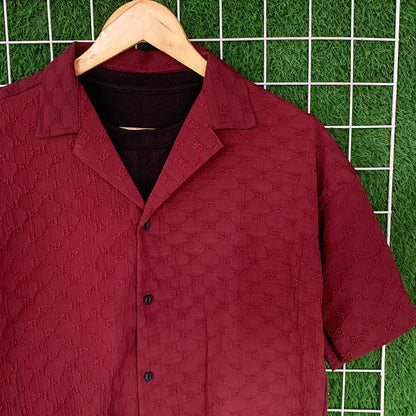 Maroon Embossed Rich Popcorn Coat Collar Shirt - MS101