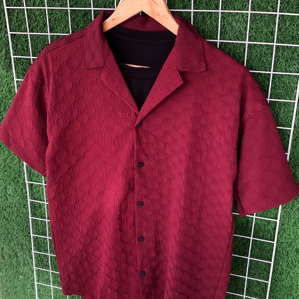 Maroon Embossed Rich Popcorn Coat Collar Shirt - MS101