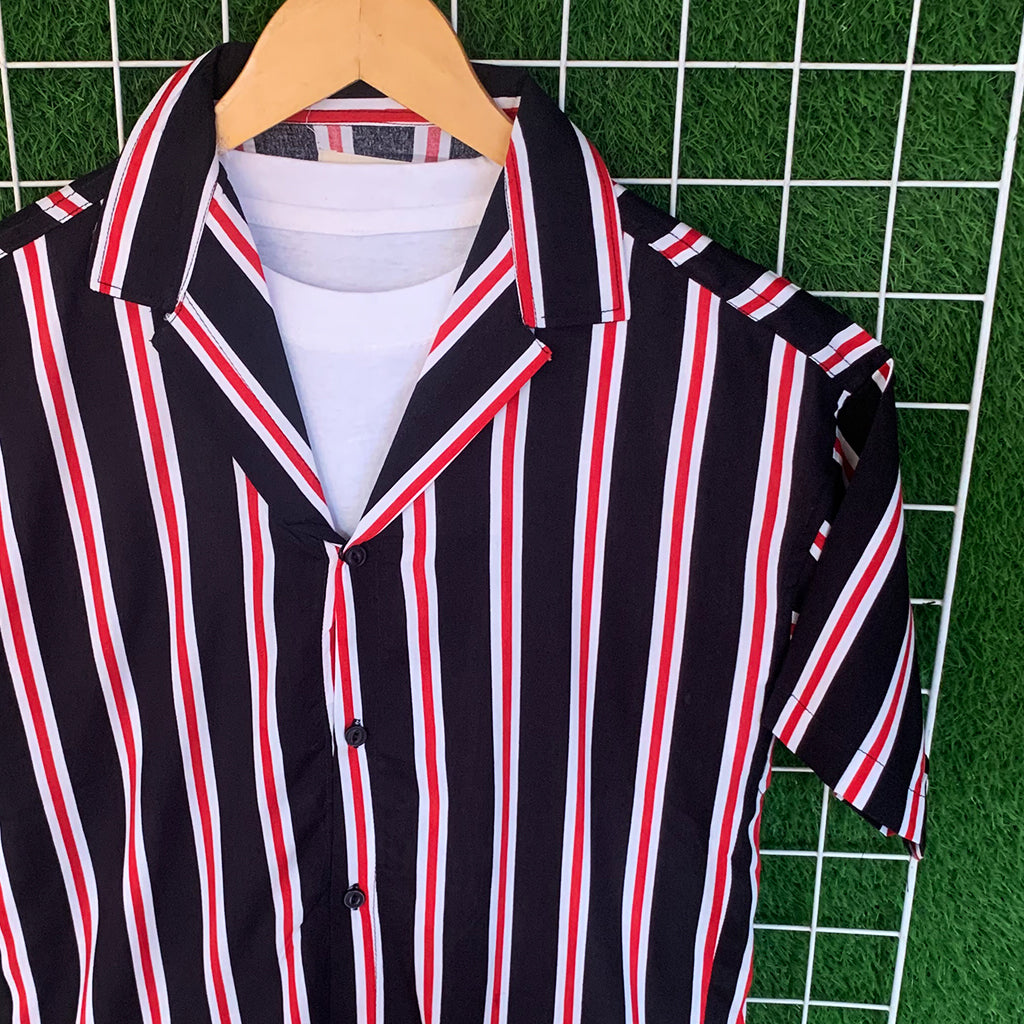 Tri-Color Black & Red Striped Coat Collar Shirt - MS077