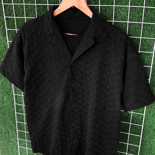 Black Embossed Rich Popcorn Coat Collar Shirt - MS101