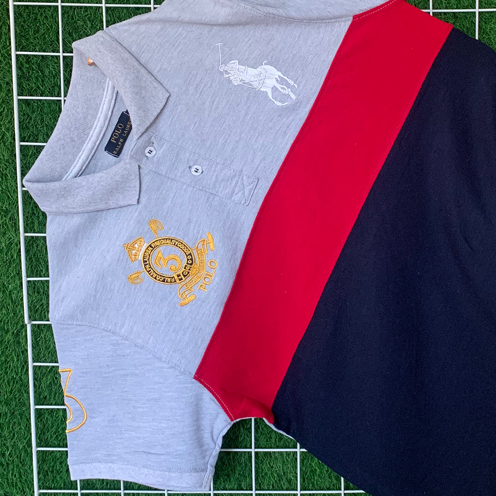Grey & Red Tri-Color Embroidered Polo Shirt