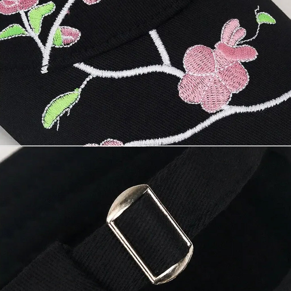 Floral Embroidered Black Baseball Cap - CP024