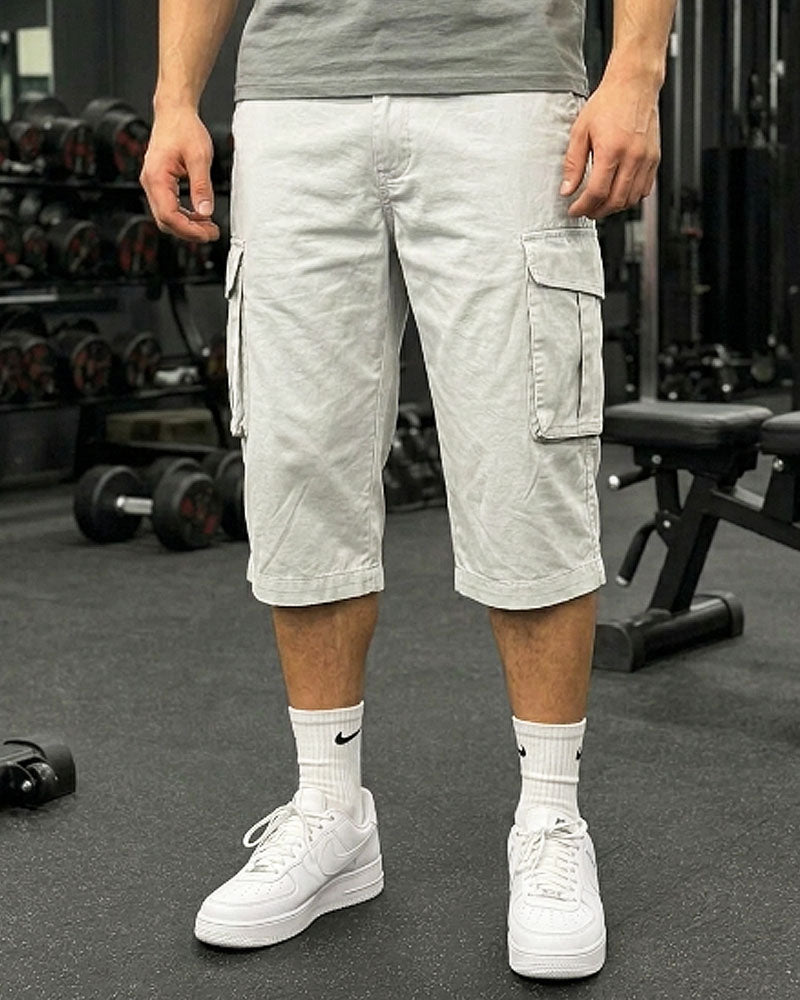Three Quarter 6 Pockets Cargo Shorts - Ash White