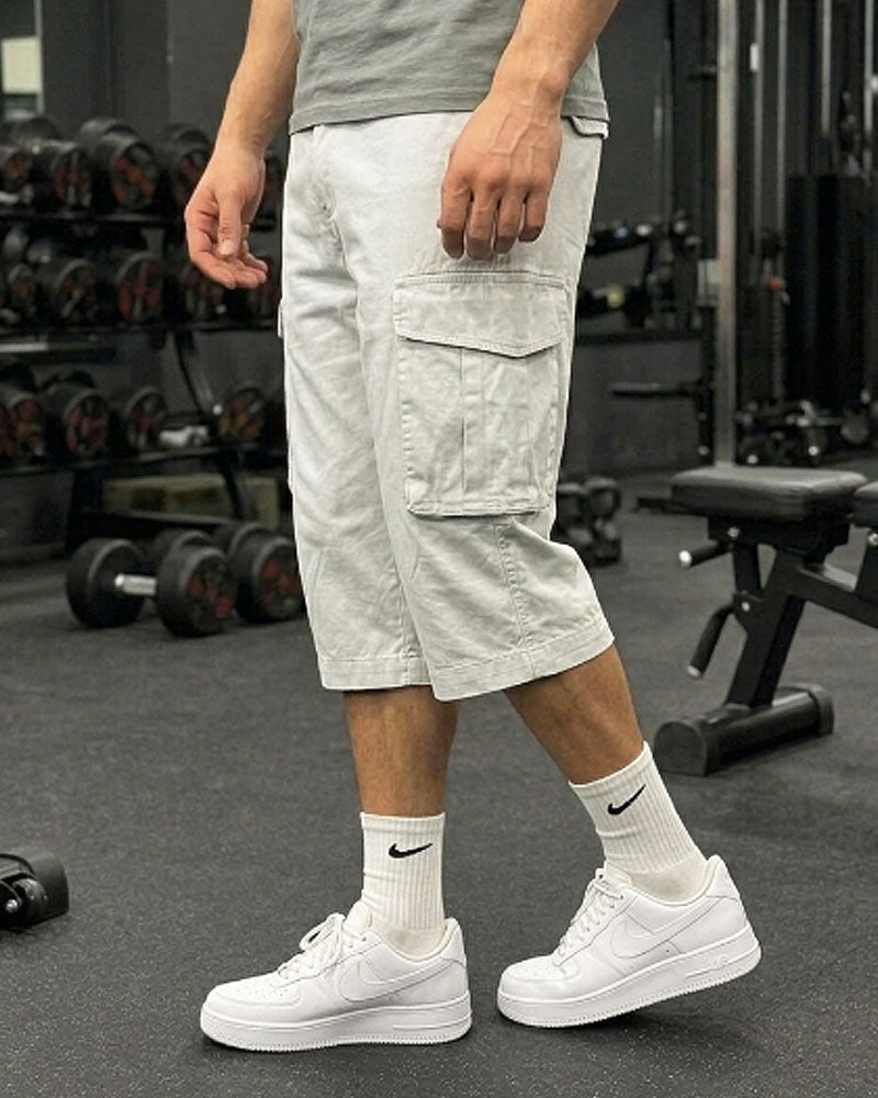 Three Quarter 6 Pockets Cargo Shorts - Ash White