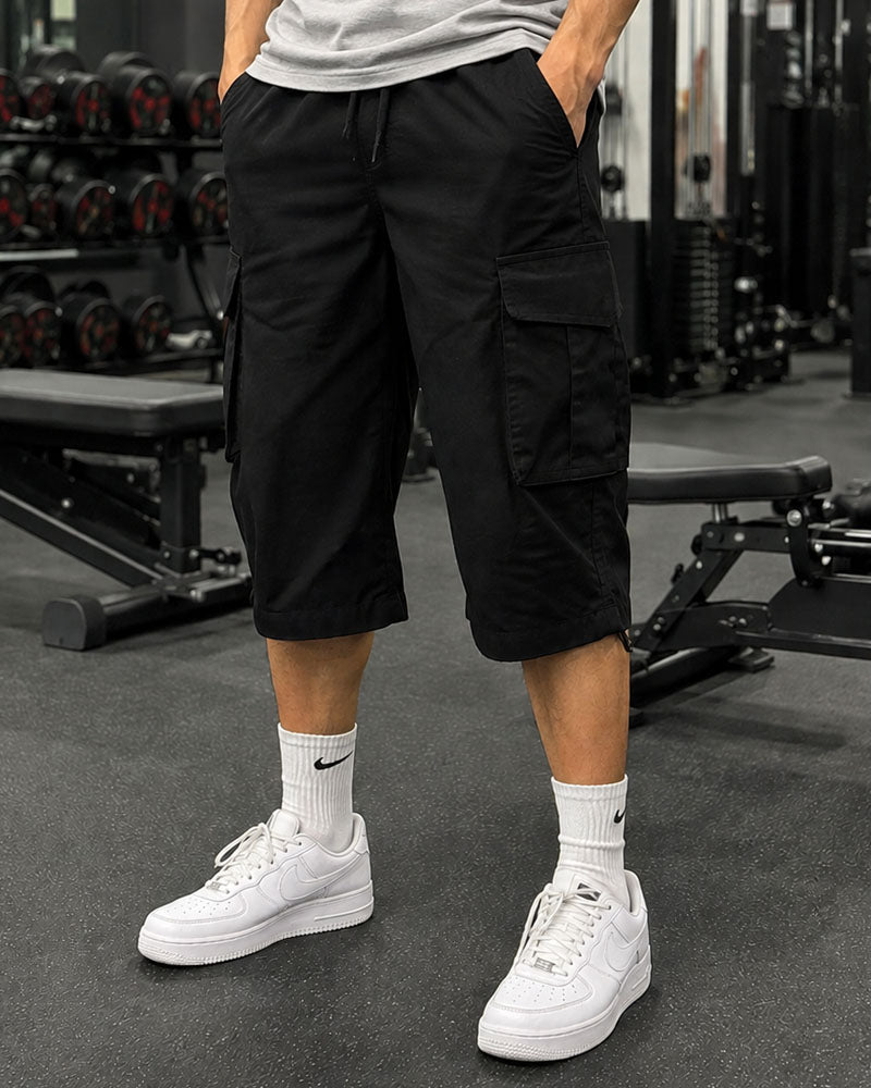 Three Quarter 6 Pockets Cargo Shorts - Black