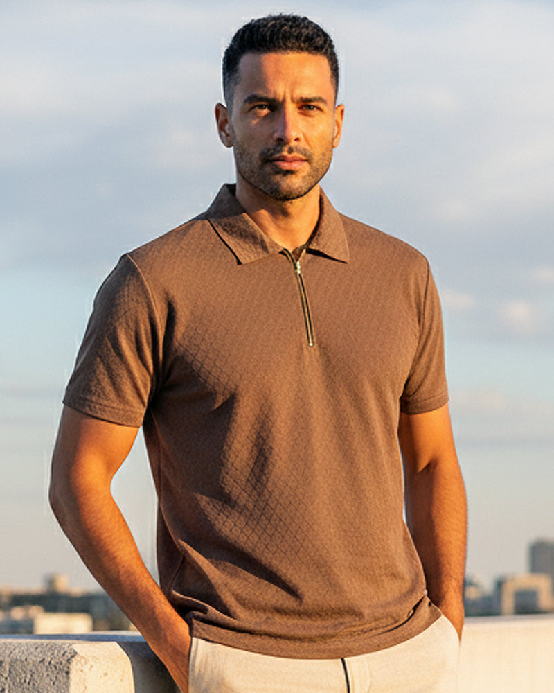 Premium Brown Textured Fabric Zipper Polo