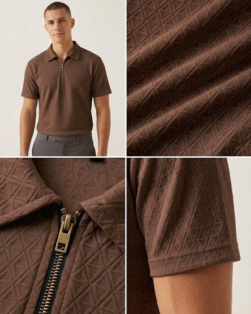 Premium Brown Textured Fabric Zipper Polo