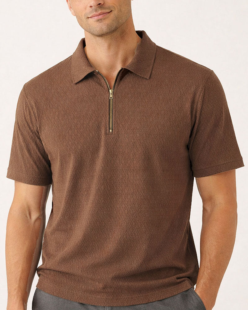 Premium Brown Textured Fabric Zipper Polo