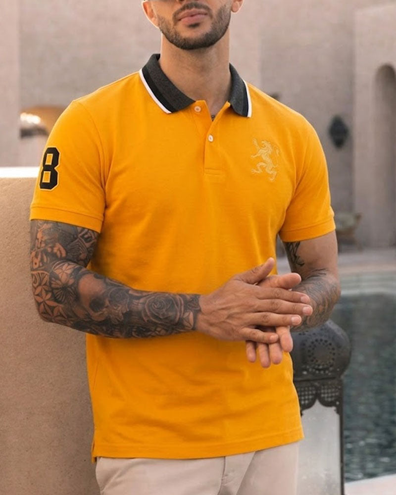 Contrast Collar Giordano Embroidered Orange Polo Shirt