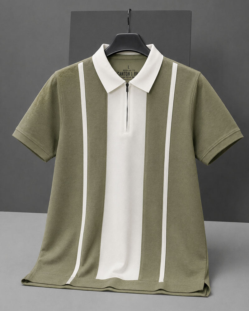 Green & Off-White Striped Mercerized Polo Shirt