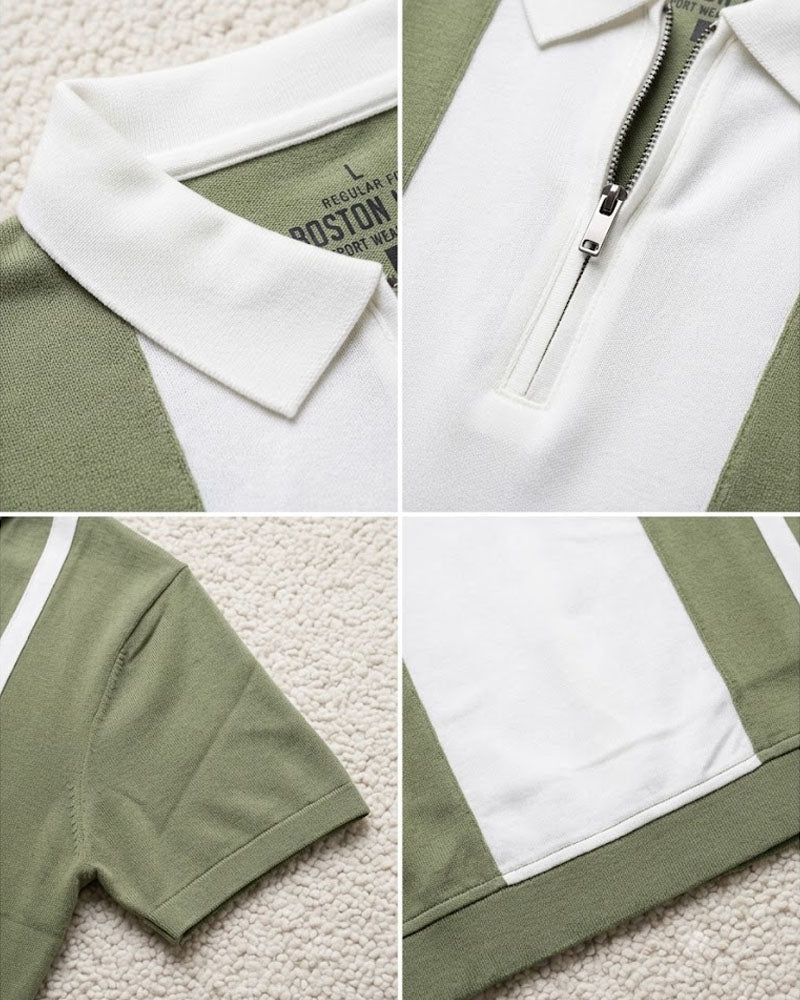 Green & Off-White Striped Mercerized Polo Shirt