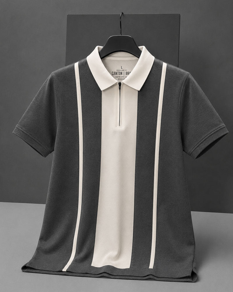 Two Tone Off-White Striped Mercerized Polo Shirt