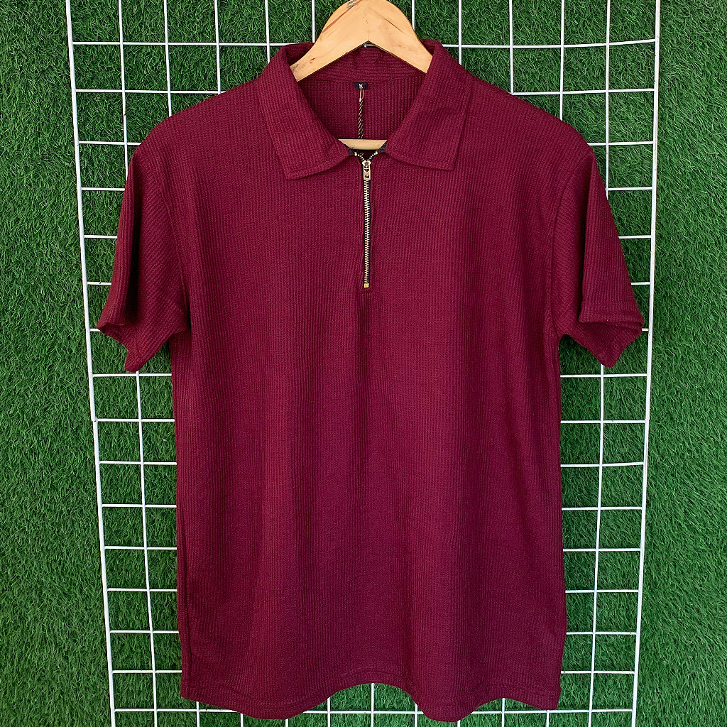 Waffle Knit Zipper Polo Shirt - Maroon