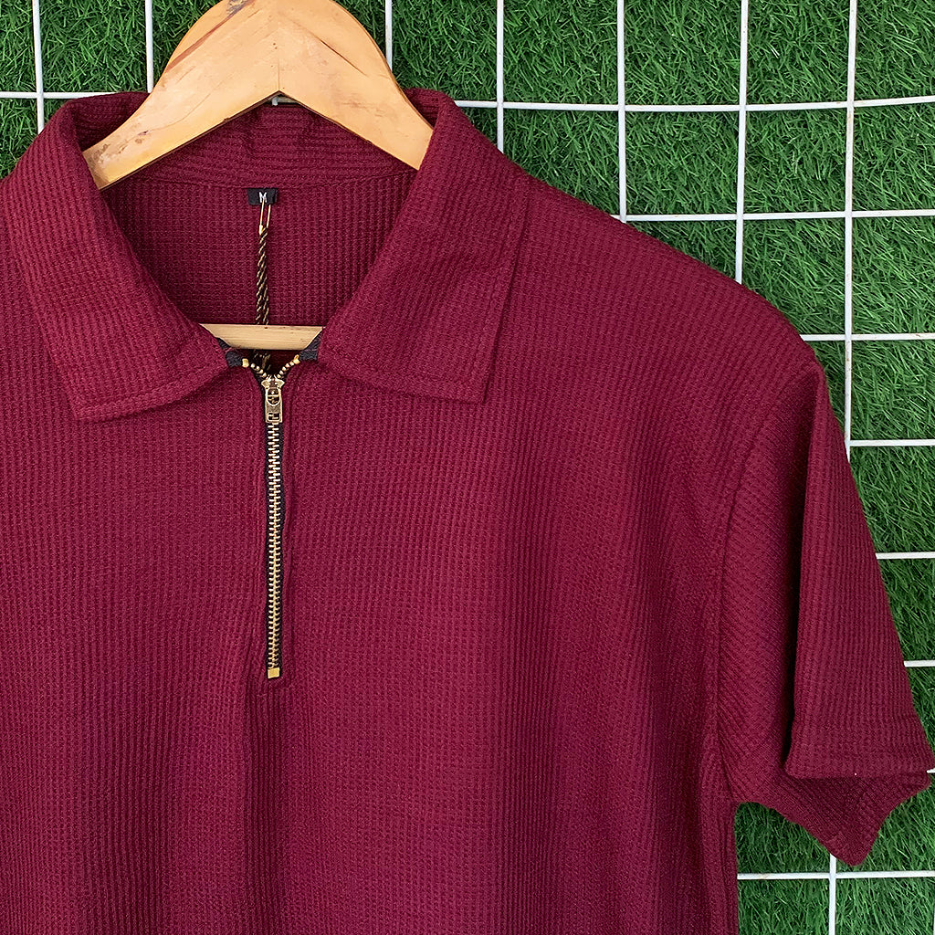 Waffle Knit Zipper Polo Shirt - Maroon