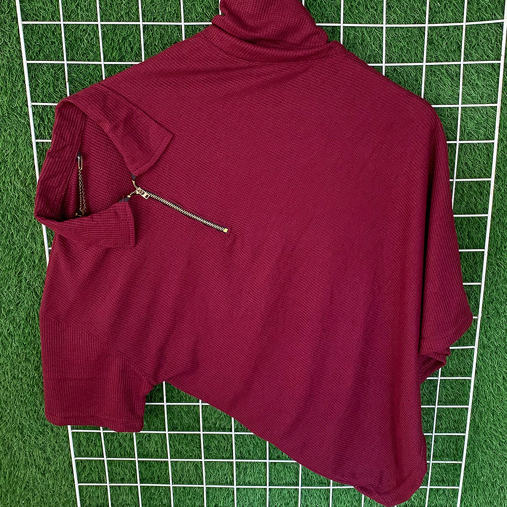 Waffle Knit Zipper Polo Shirt - Maroon