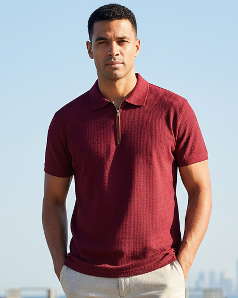 Waffle Knit Zipper Polo Shirt - Maroon
