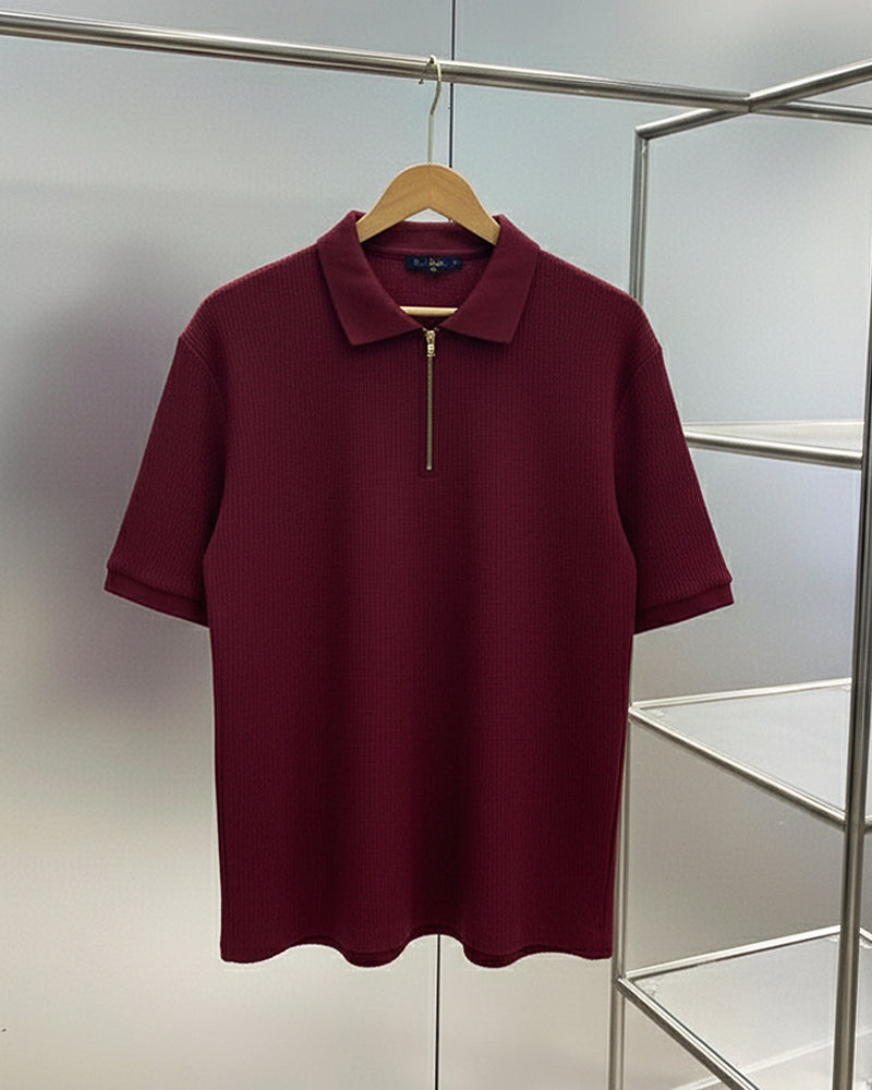 Waffle Knit Zipper Polo Shirt - Maroon