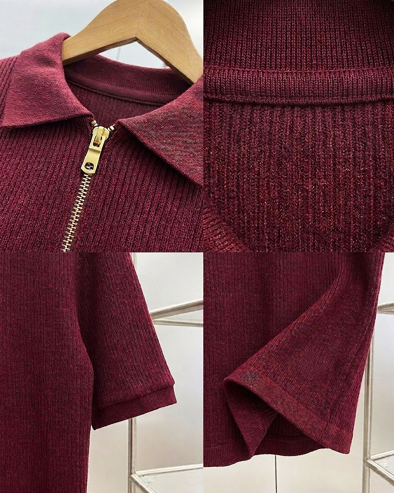 Waffle Knit Zipper Polo Shirt - Maroon