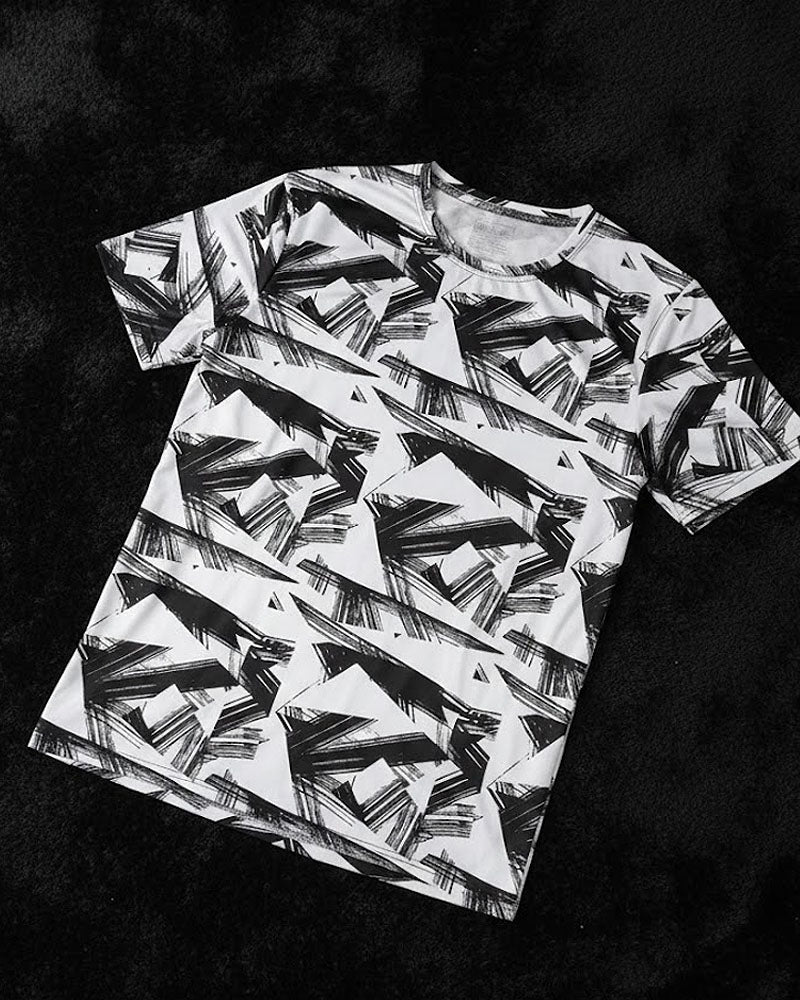 Black & White Abstract Printed Dry Fit T-Shirt