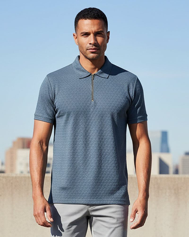 Premium Teal Textured Fabric Zipper Polo