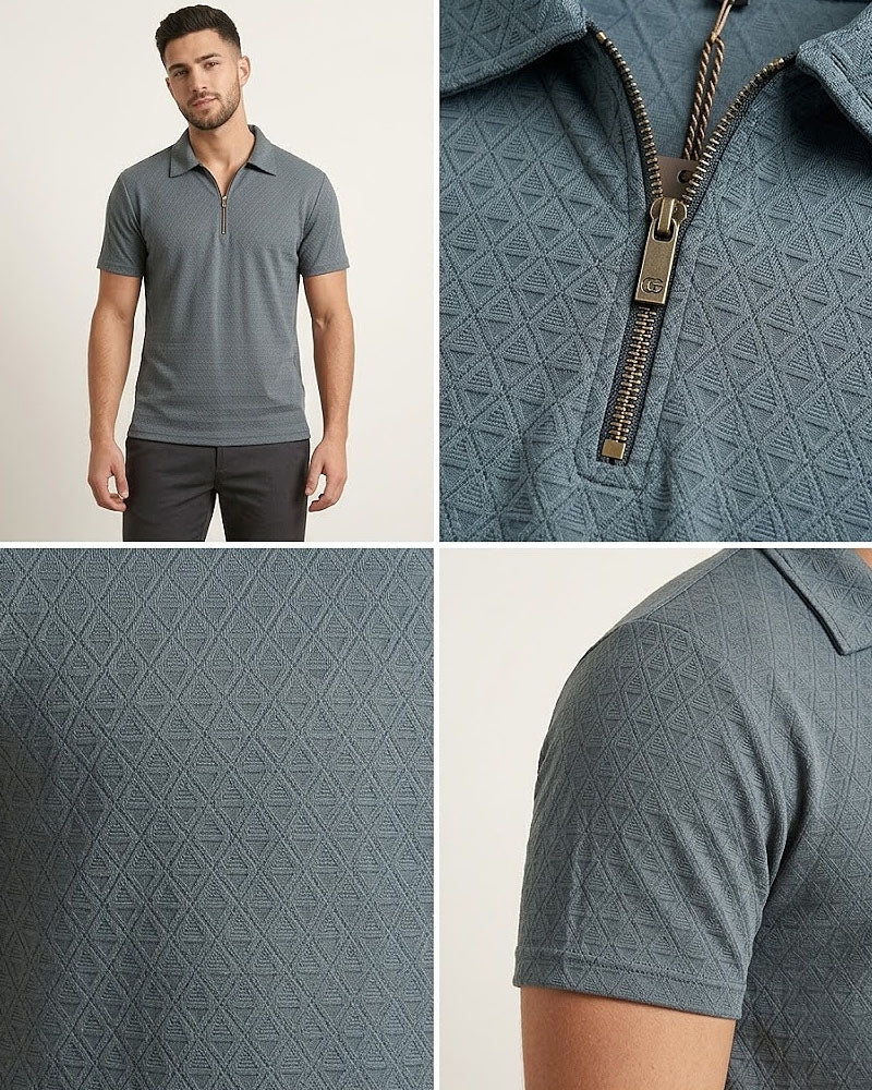 Premium Ocean Blue Textured Fabric Zipper Polo