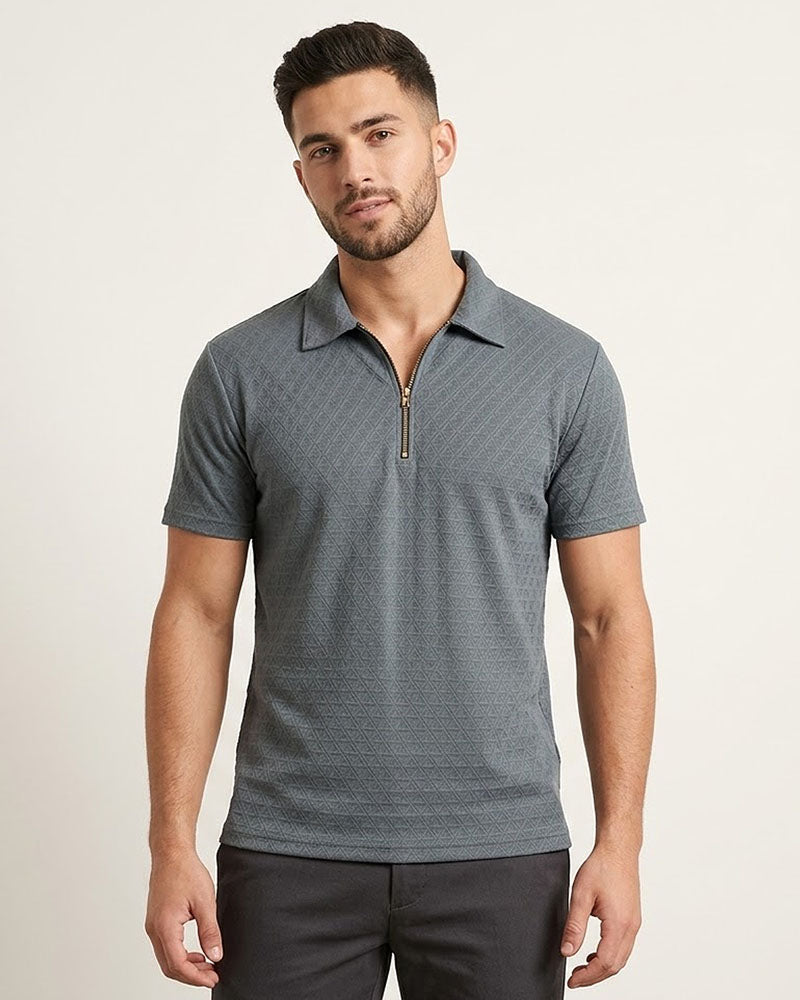 Premium Ocean Blue Textured Fabric Zipper Polo