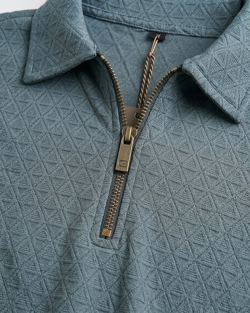 Premium Ocean Blue Textured Fabric Zipper Polo