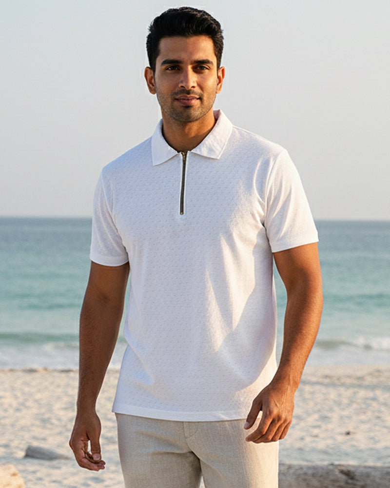Premium White Textured Fabric Zipper Polo