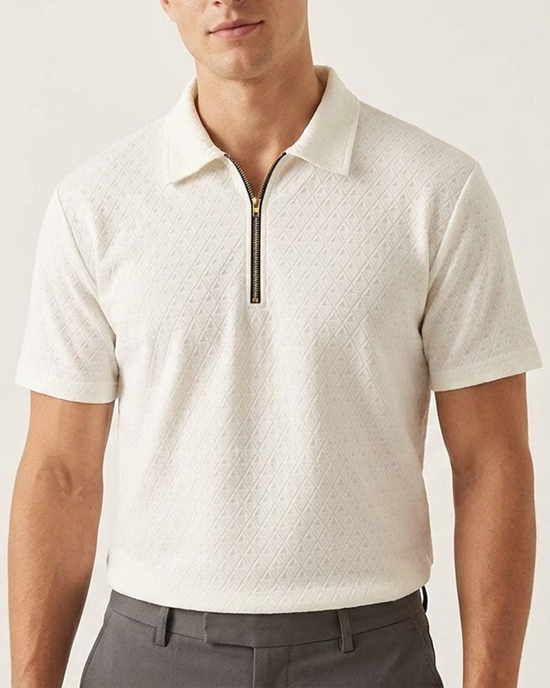 Premium White Textured Fabric Zipper Polo