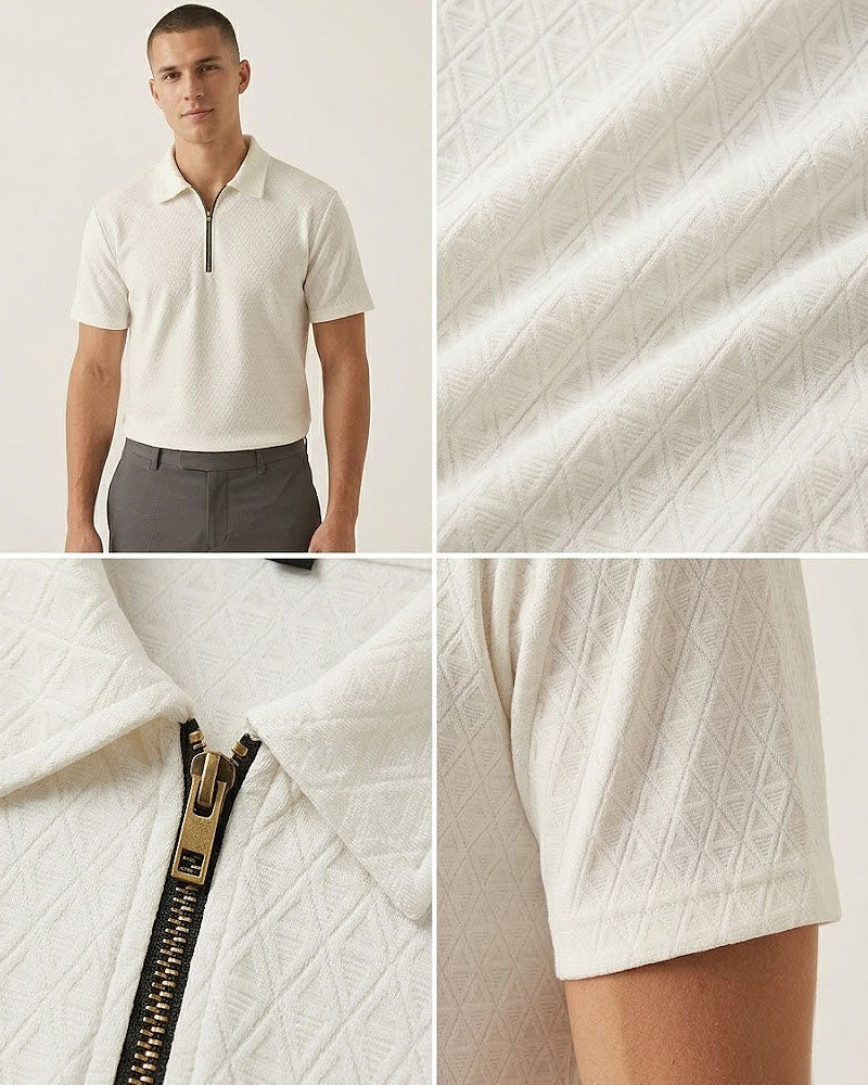 Premium White Textured Fabric Zipper Polo