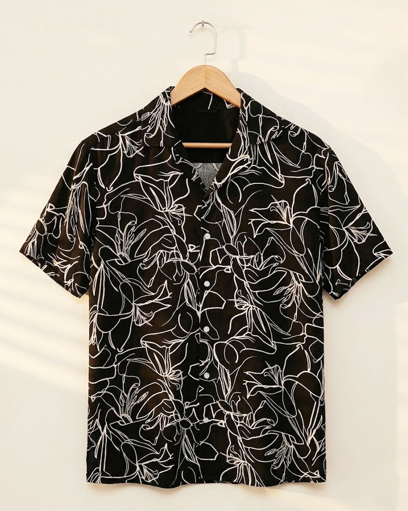 White Floral Black Hawaiian Shirt - MS087